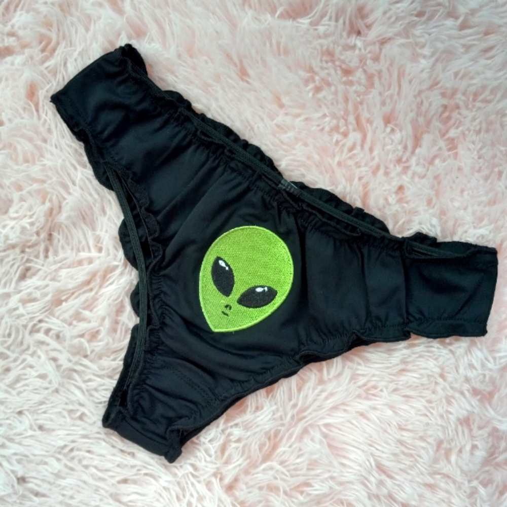 FINAL PRICE Dolls Kill Silky cheeky alien embroidered black ruffle edged panty! - Picture 2 of 9